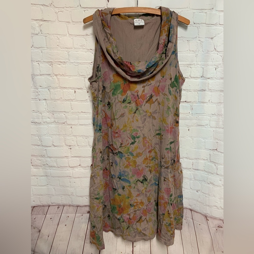 CMC Tan Floral Sleeveless Lagenlook Dress with Cowl Neck Size XL USA​
